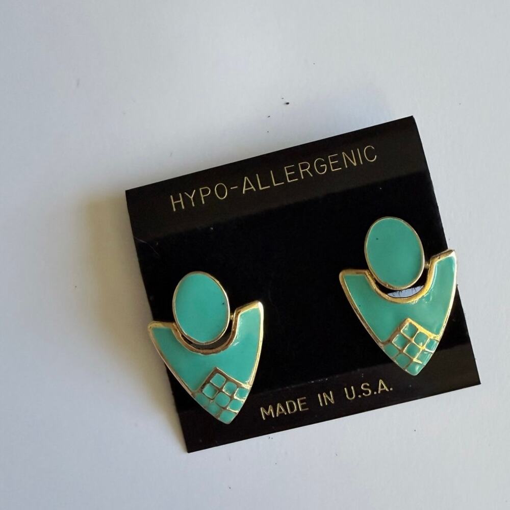 Vintage Turquoise Enamel Gold Tone Geometric Statement Earrings Made in USA